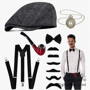 SET DISFRAZ DETECTIVE SOMBRERO TIRADORES MOO BIGOTE PIPA Y RELOJ DE BOLSILLO x 1